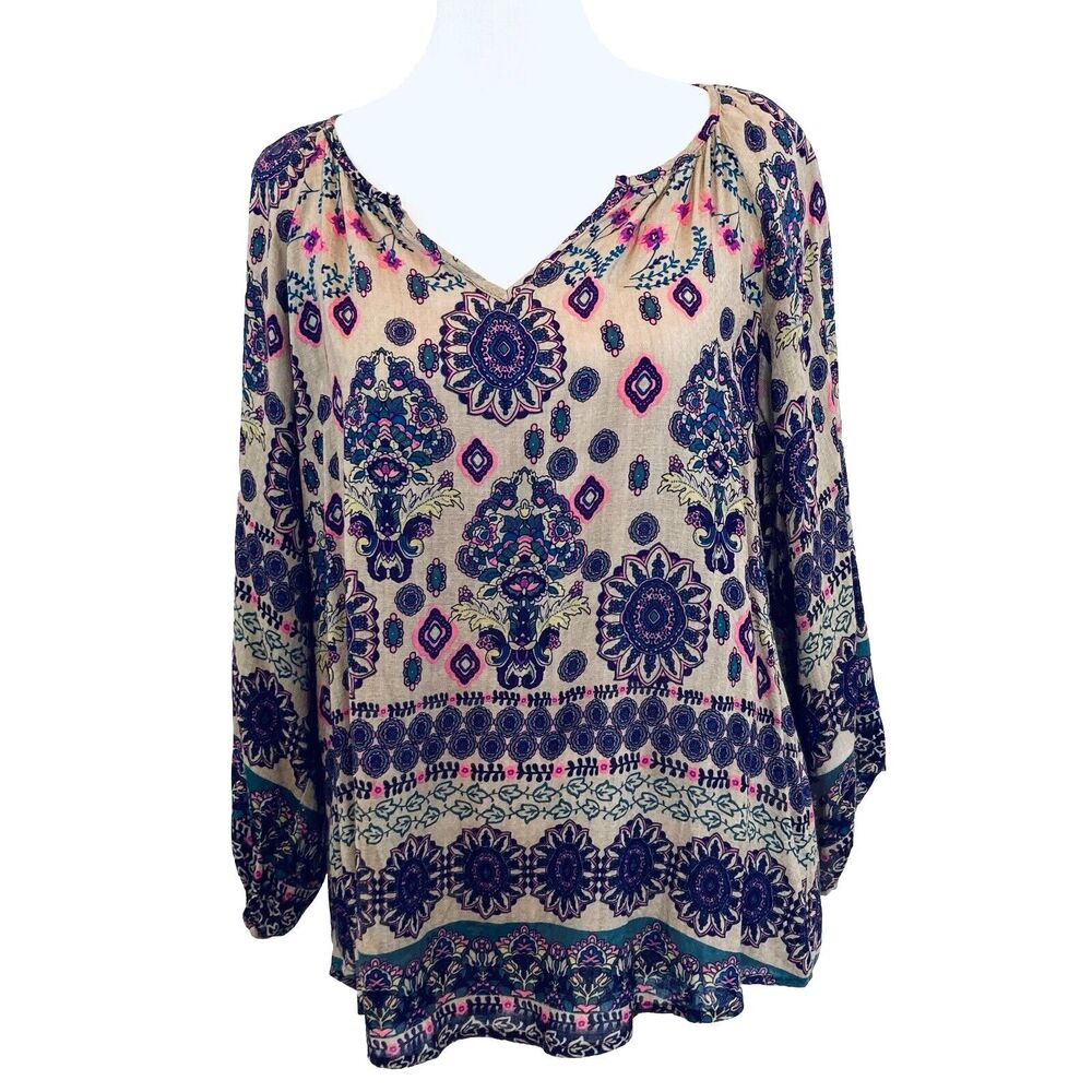 Renee C Womens Top Size Medium Boho Colorful Kaleidoscope Semi Sheer Blouse